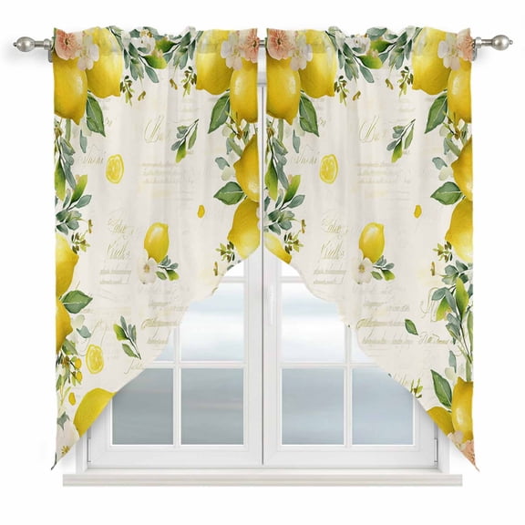 Vintage Lemon Kitchen Window Curtains, Swag Curtains Valance for Bedroom Living Room Bathroom, Summer Fruit Rustic Botanical Floral Rod Pocket Window Treatment Curtain Block Drapes 2 Panels 28"x36"
