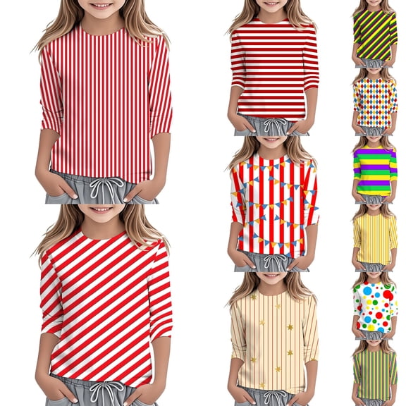 LRen Girls Striped Shirts Casual 3/4 Lenght Sleeve Crewneck Basic Tunic Blouse Loose Comfy Soft Tees Valentines Gifts for Kids Classroom