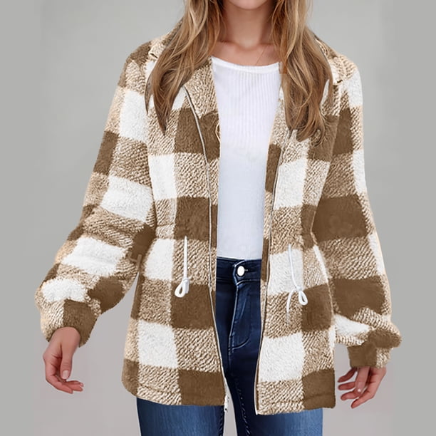 Puntoco Chaqueta De Abrigo Larga De Manga Larga A Cuadros De Felpa De Doble Cara De Invierno Para Mujer