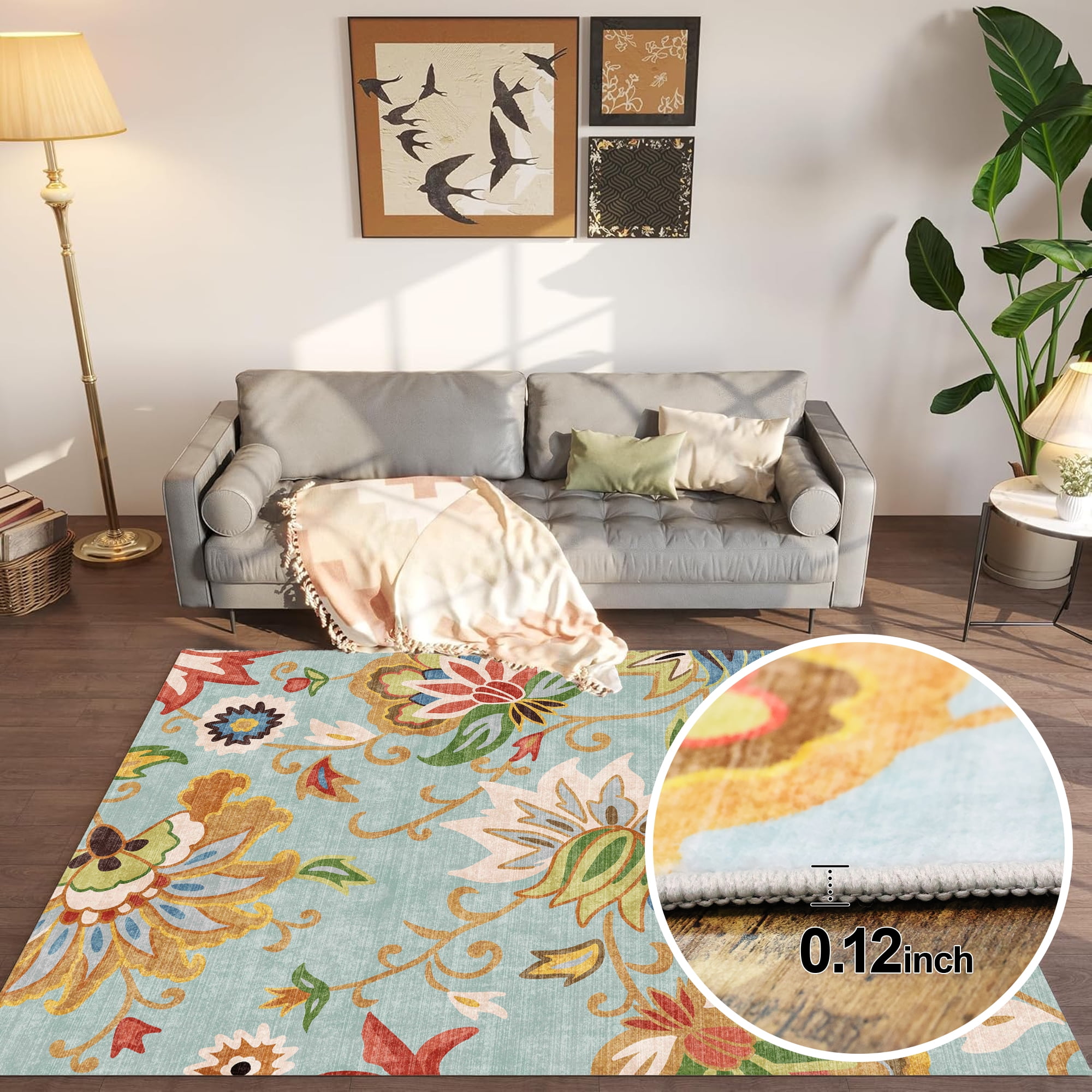 Floral Area Rug 4x6 Living Room Rug Non Slip Washable Bedroom Rug Soft Low Pile Flowers Floor Carpet for Living Dining Room,Red