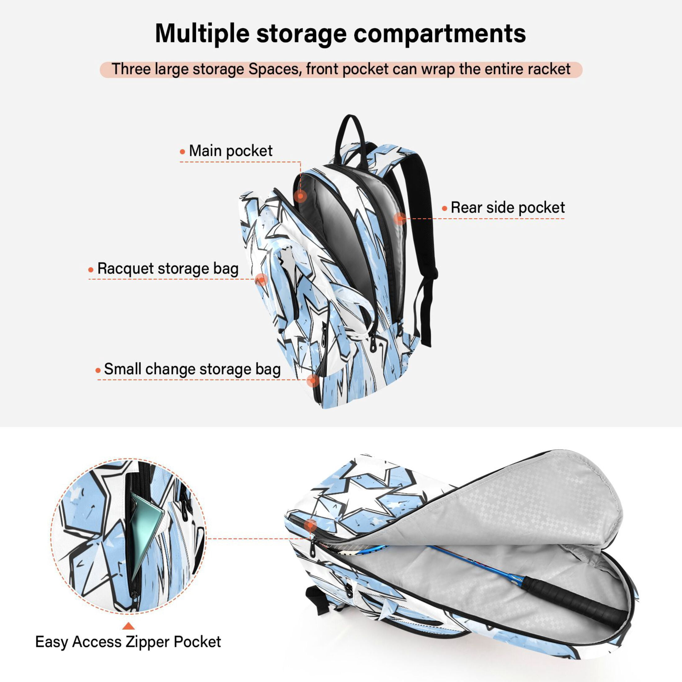 2 Racquet Holder Tennis Backpack Tennis Racket Covers Gym Bags White Stars Pattern