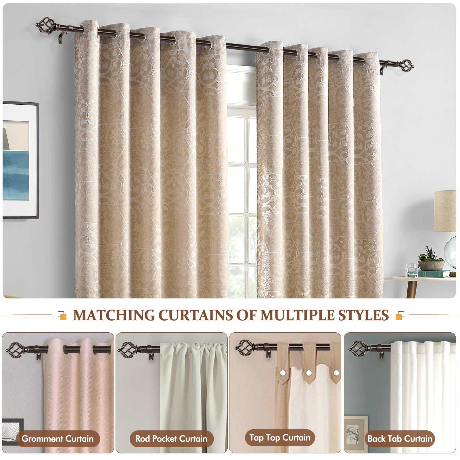 KAMANINA 3/4" Adjustable Single Curtain Rod with Twist Cage Finial, 48 - 84", Bronze