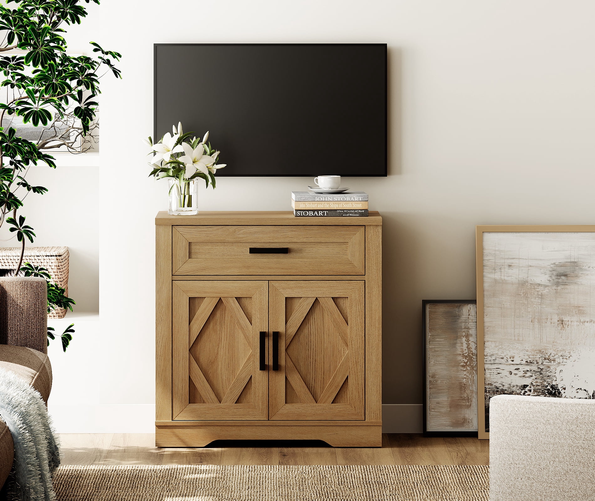 WAMPAT 31.5"W Farmhouse Buffet Sideboard with Barn Doors, Drawer & Storage, Light Oak