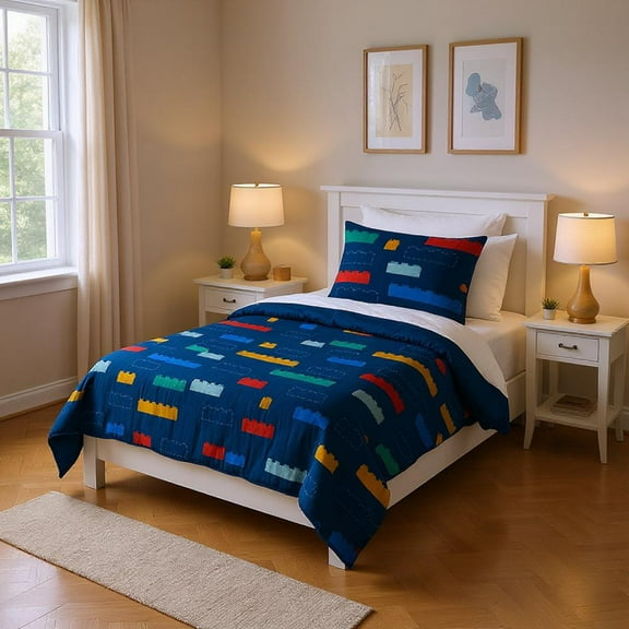 LEGO®, Brick Stripe, Navy, Kids Quilt and Sham Bedding Set, Twin/Full
