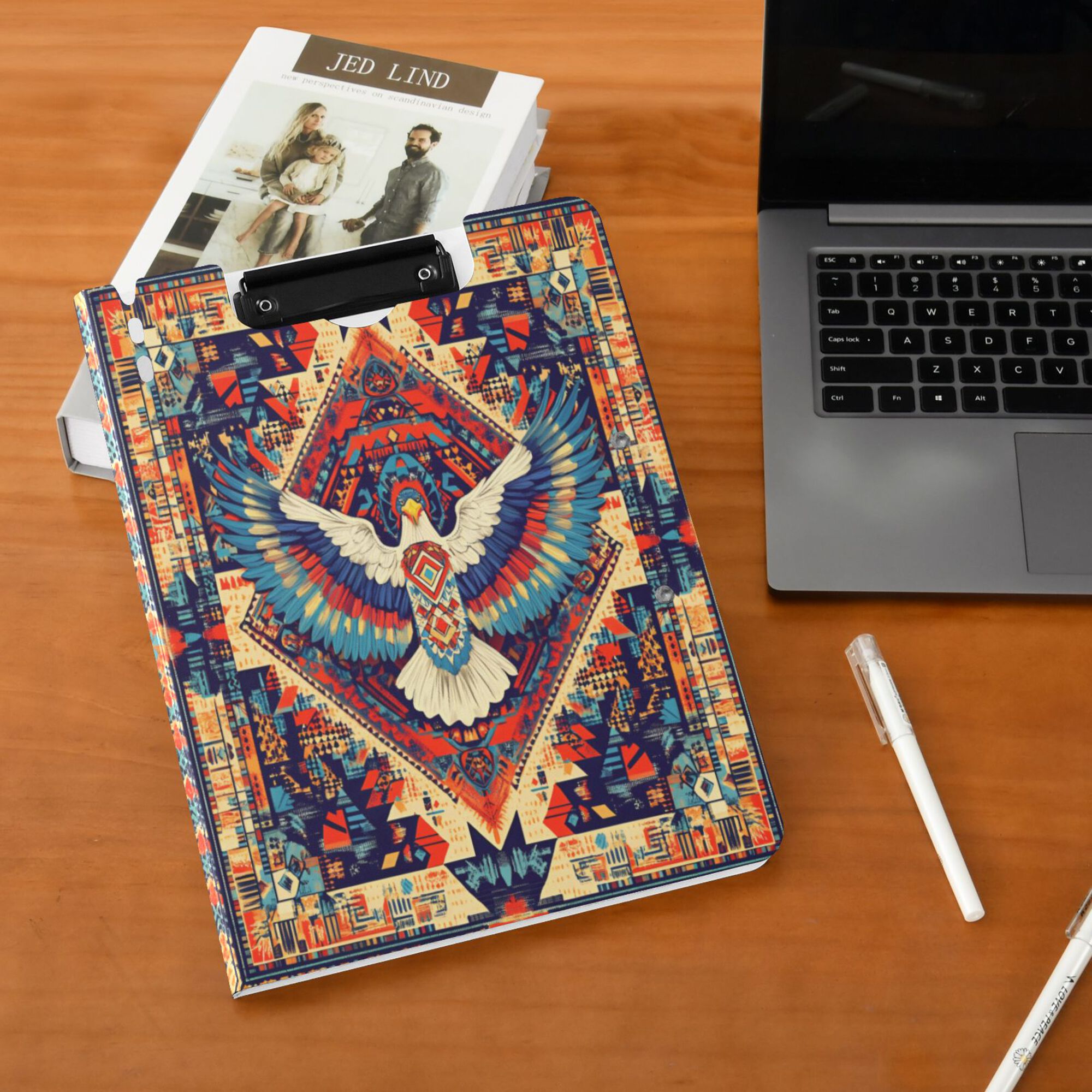 FORMRS A4 Clipboard Folder with Pen Holder Horizontal Foldable School Office Binder, Beige Geometric Eagle