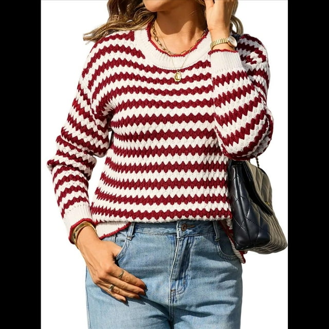 Suéter Holgado de Punto A Rayas para Mujer, Informal, de Larga, Cuello Redondo, con Bloques de Color y Canalé, para y Otoño Rojo M