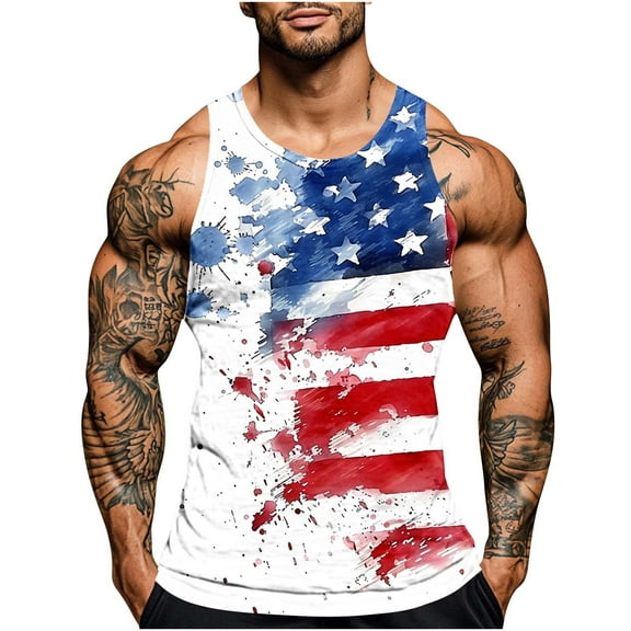 Cmfcve Men's 4th of July Tank Top Printed Round Neck Sleeveless Tees Summer Breathable Beach Tank Top