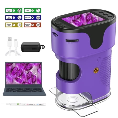 QUNSE Rechargeable Digital Handheld Pocket Microscope Portable Science Kit with Slides for Kids Kids Microscope with 4K Screen (Purple)