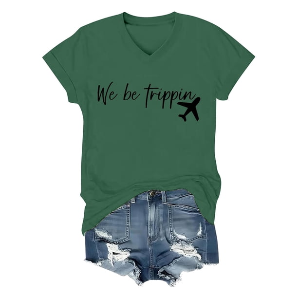 Camiseta informal de cuello en V con letras para mujer: poliéster y spandex, estilo veraniego, tallas S-XXL con medidas de busto/longitud.