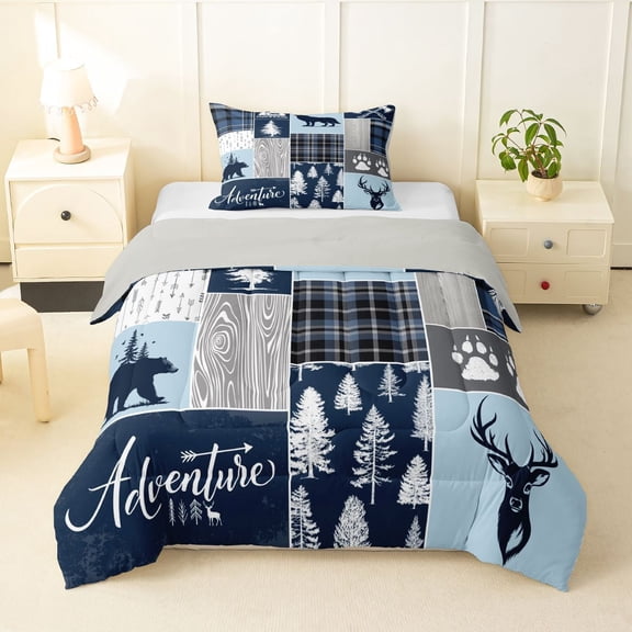 Feelyou Adventure Twin Comforter Sets, Blue Plaid Bedding Set, 2 Pieces