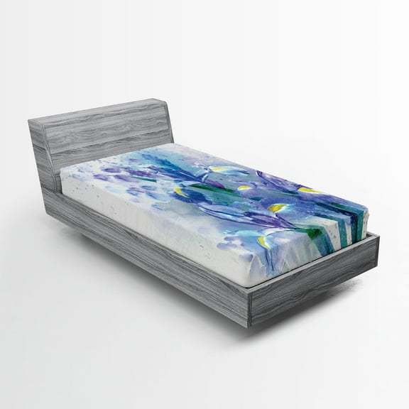 Ambesonne Floral Fitted Sheet, Iris Fresh Colors, Twin Size, Lilac Teal Ecru