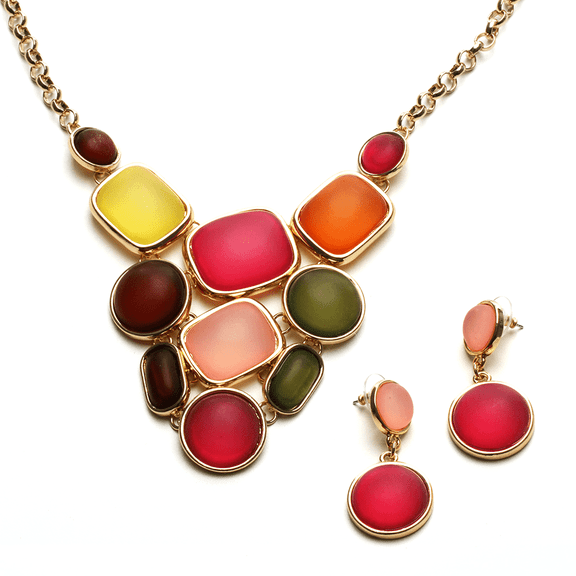 Colorful Frosted Glass Statement Necklace and Drop Earring Set - Multicolor Candy Collection Jewelry Necklace Earring Gold