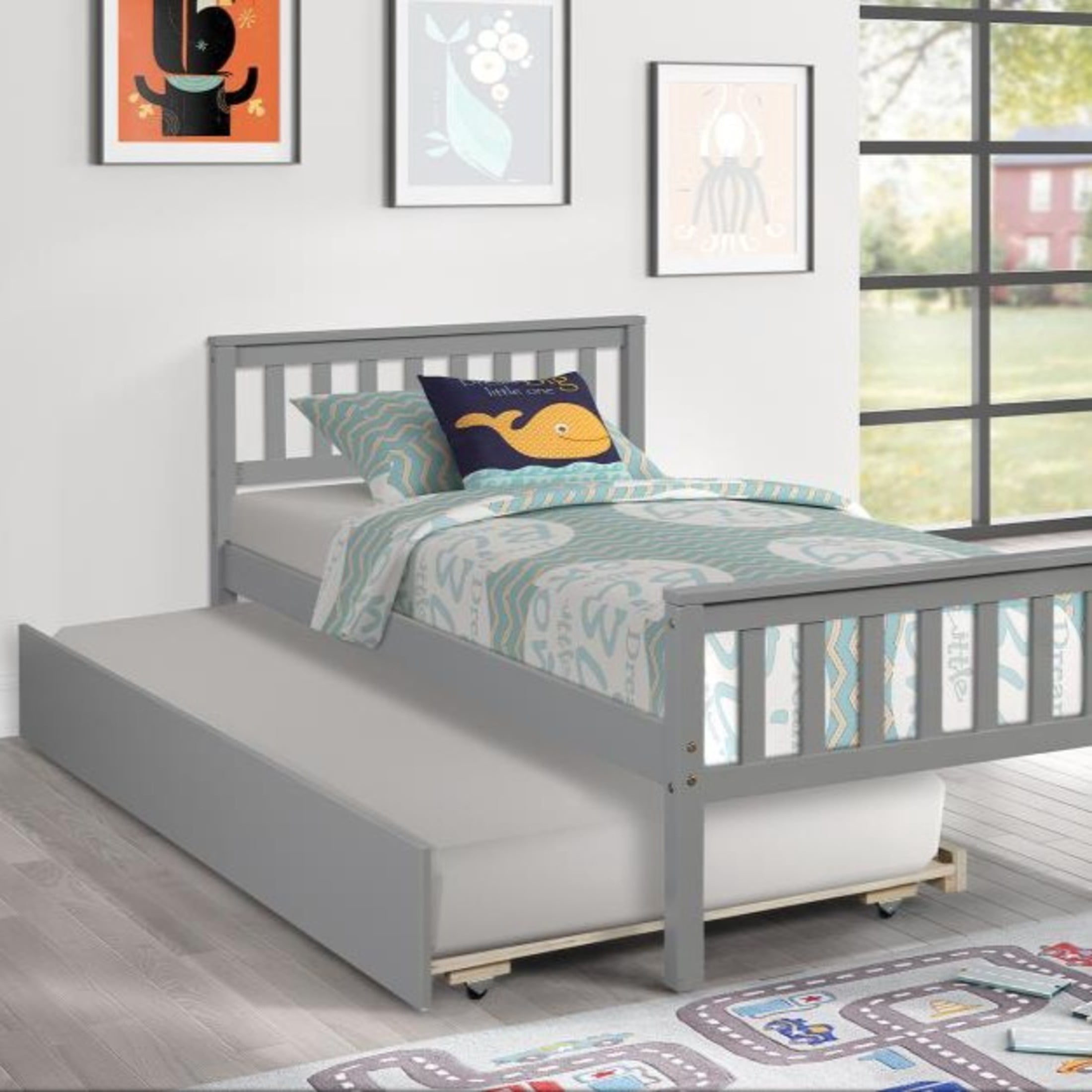 Noble House Kilby Twin Platform Bed with Pull-out Trundle, Hardside Pine Wood Bed Frame with Headboard, Gray