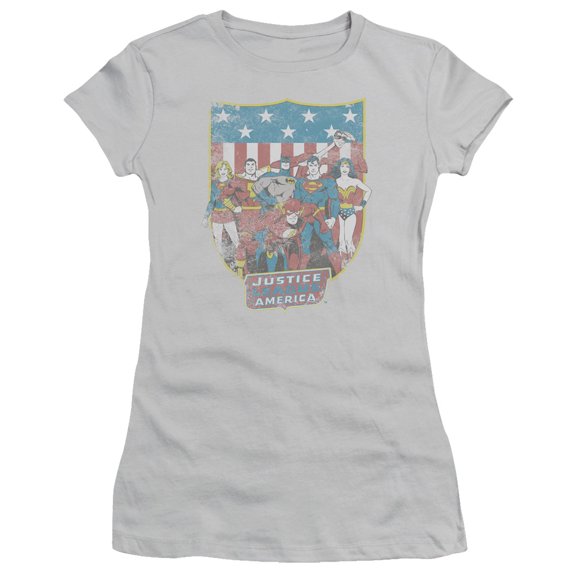 DC Comics Justice League American Shield S/S Junior Women's T-Shirt Sheer Silver