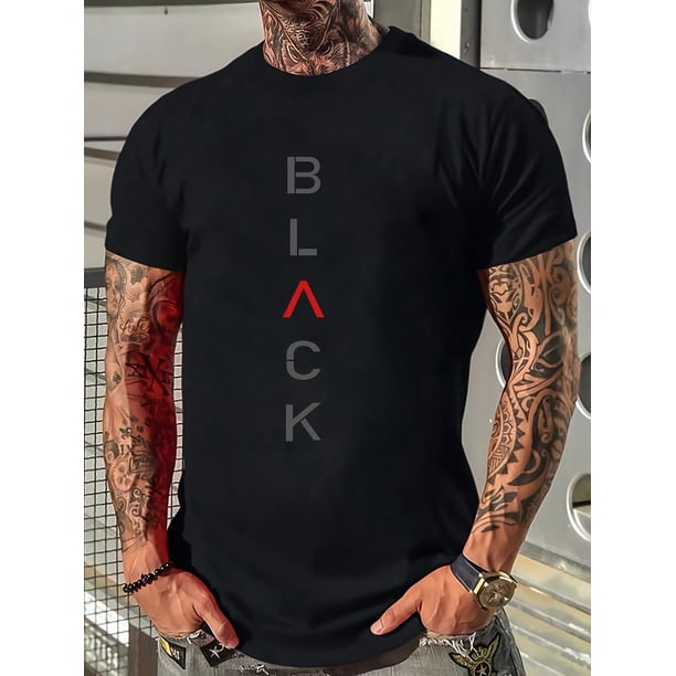 Camisetas de manga corta con estampado de letras negras para hombre, cómodas y casuales, con cuello redondo elástico, para actividades al aire libre, camisetas deportivas de ocio.