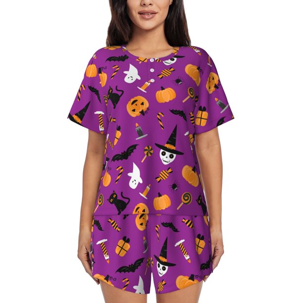 Fotbe Halloween2 Conjunto de Pijama Estampado para Mujer, 2 Piezas, Ropa de Dormir con Camiseta de Manga Corta y Shorts Suaves-Small