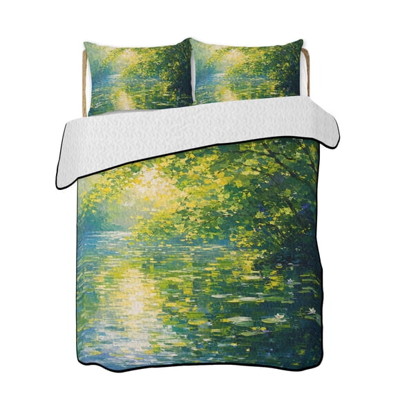 Rippling Sunlit River Quilts Bedding Set Twin Size Floating Lily Pads Willow Oil Painting Style Lightweight Quilted Bedspread 3 Piece Bed Quilt with 2 Pillow Shams All Season for Bedroom 68" x 86"