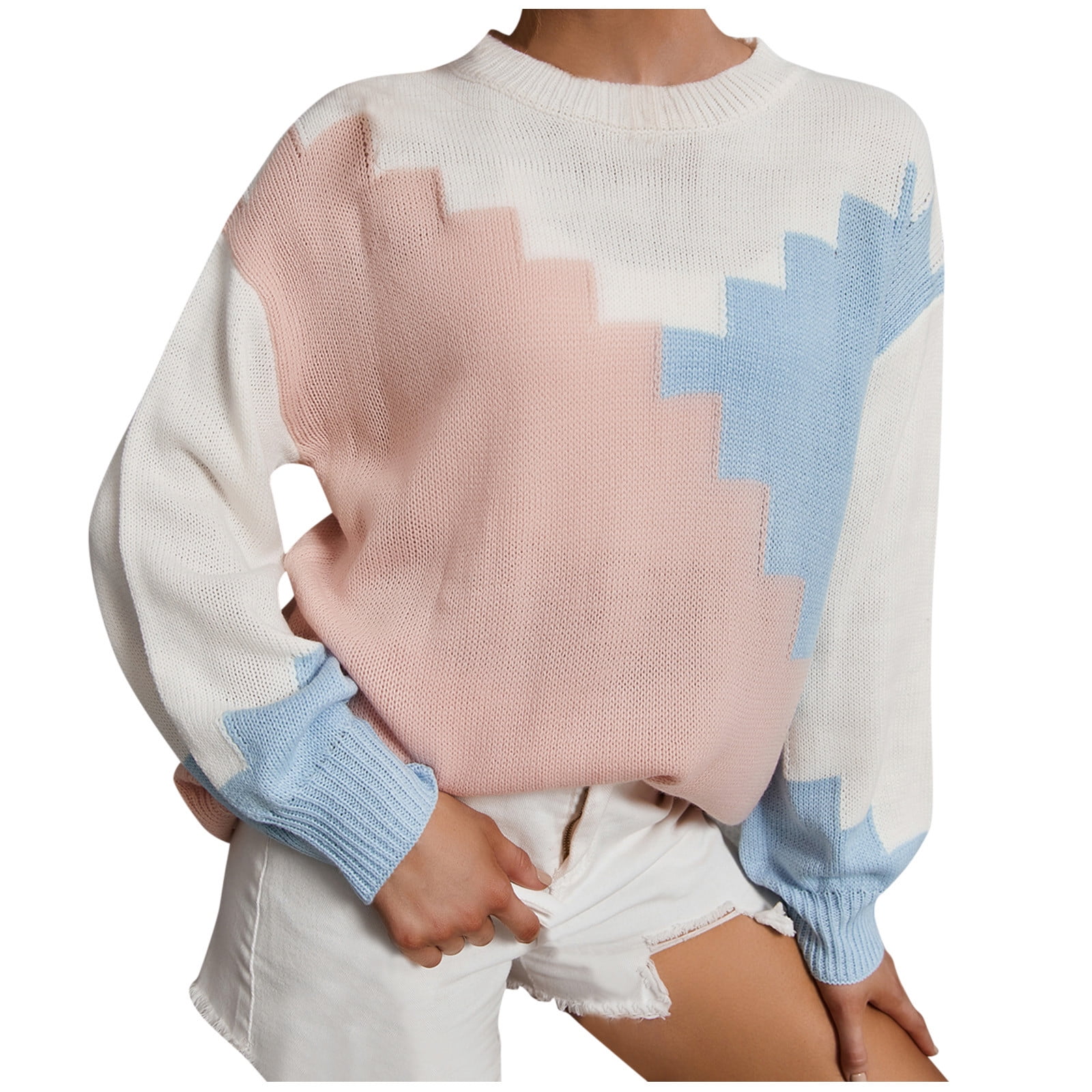 TAIAOJING Women's Lightweight Crewneck Sweater Plus Size Long Sleeve  Stitching Personality Pullover Sweaters Tops - Walmart.com