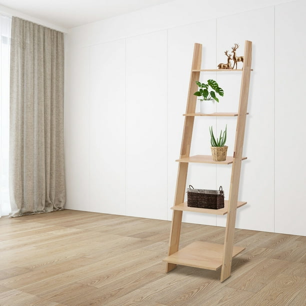 TFCFL Solid Wood 5-Tier Ladder Shelf Bookshelf, Wall Leaning Storage ...