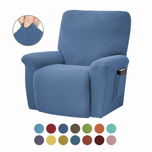 Mictong large solid color fleece recliner cover, washable sofa cover, thick polyester recliner cover, elastic recliner sofa cover, suitable for living room, 4-piece set, Light blue
