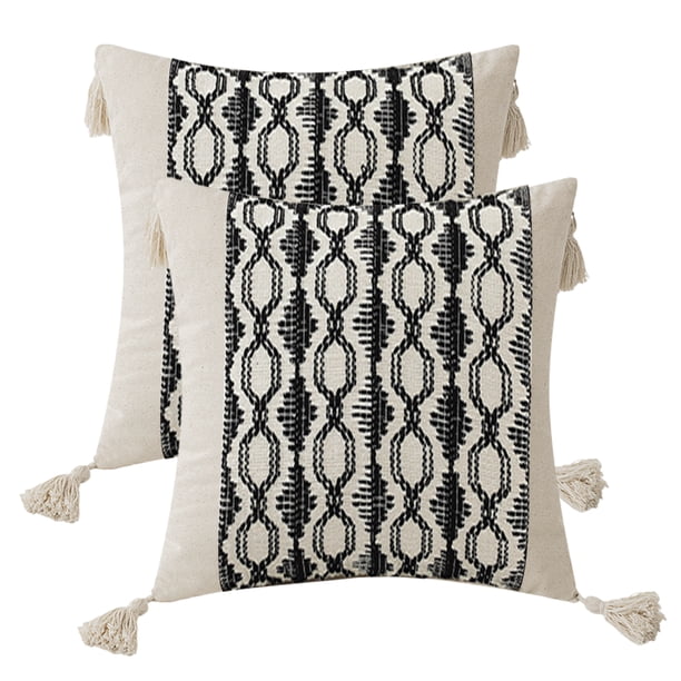 Fundas de almohada de 18 x 18, juego de 2, fundas de almohada de estilo rústico con borlas y textura de rayas, fundas de almohada neutras
