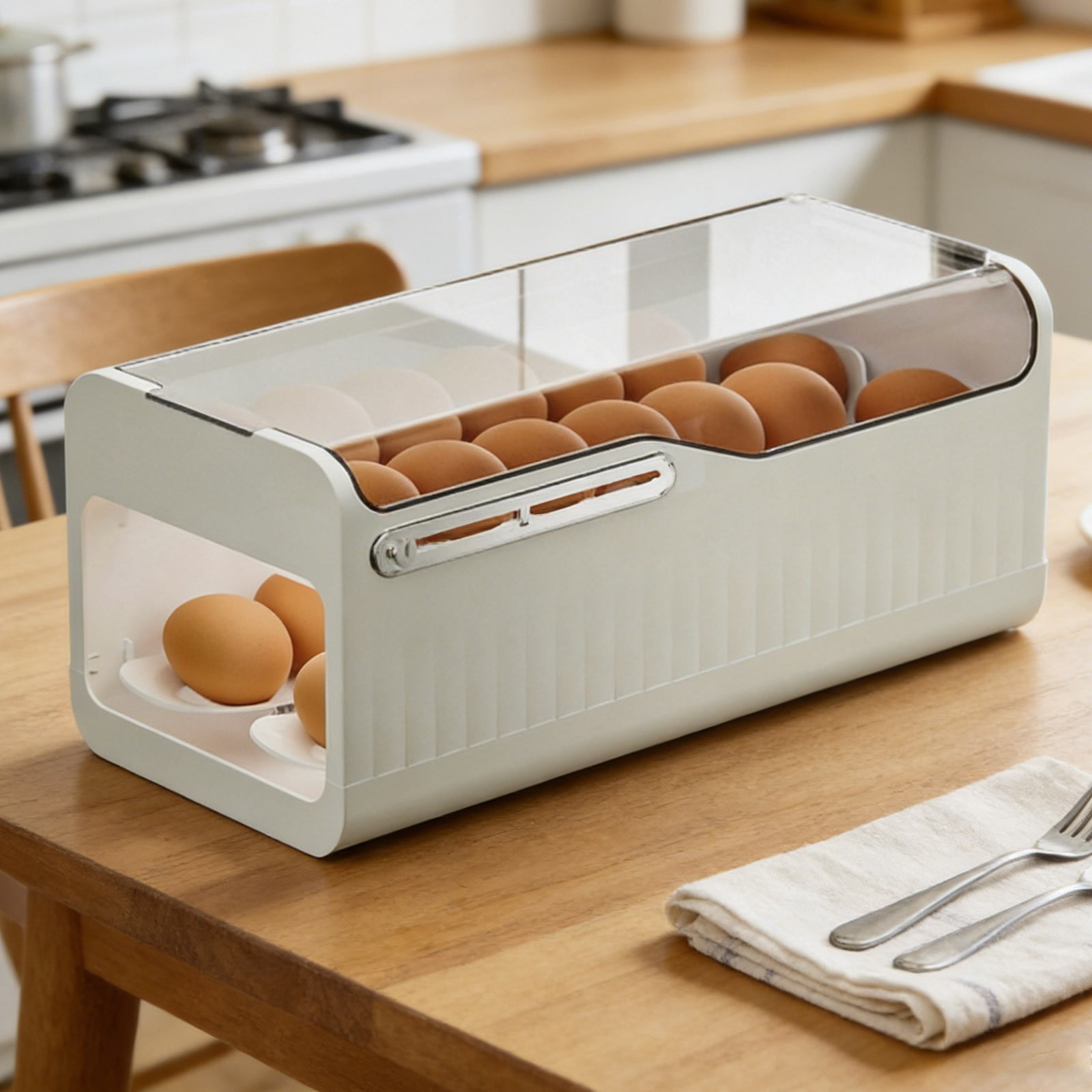 Automatic Rolling Egg Holder for Refrigerator, 2 Layer Stackable Egg Organizer with Lid, Clear Egg Storage Container and Tray for Fridge Door, Large Capacity Space Saving