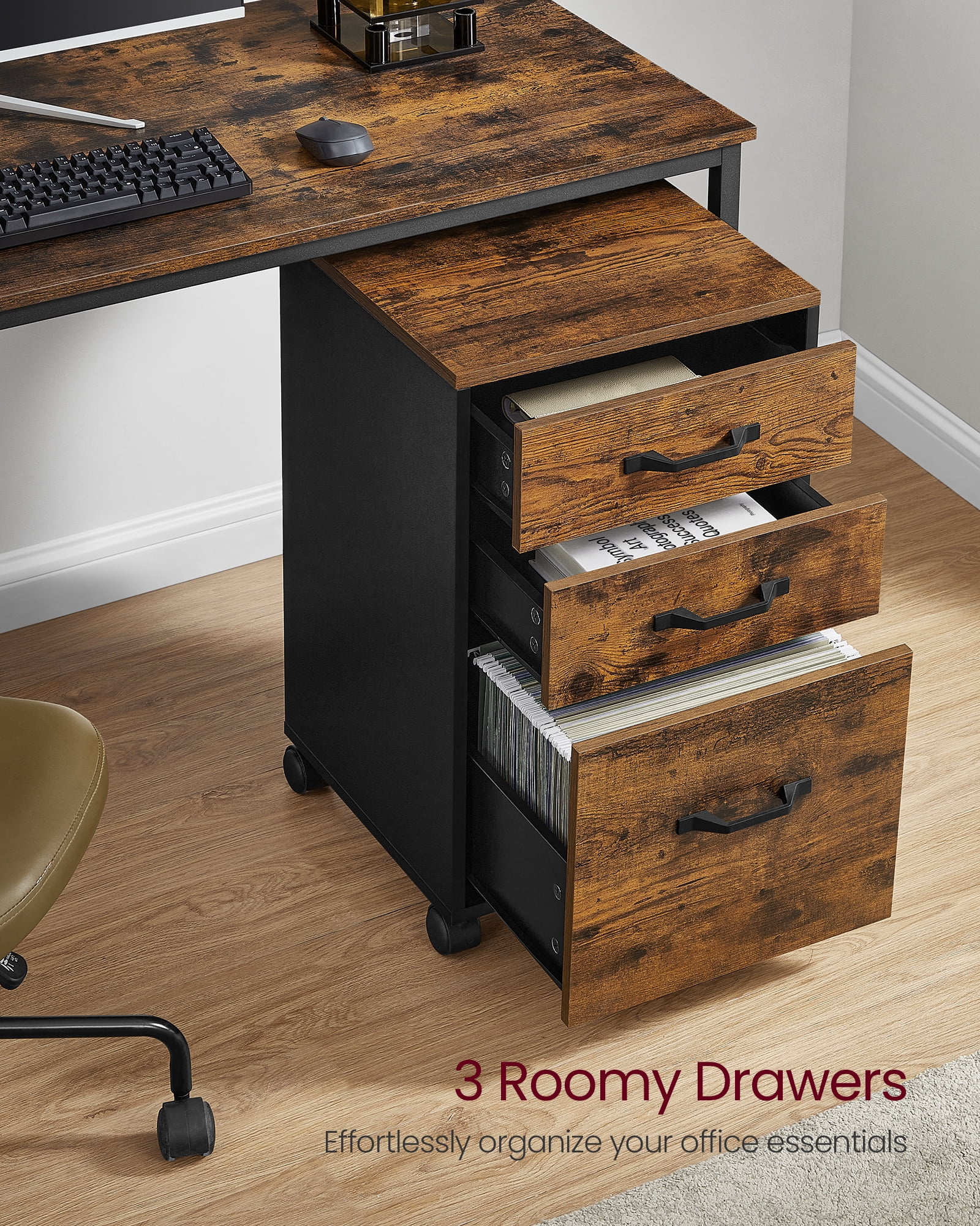 3 - Drawer File Cabinet for Home Office, Equipped with wheels,Suitable for A4 documents and hanging file folders,Rustic Brown and Ink Black