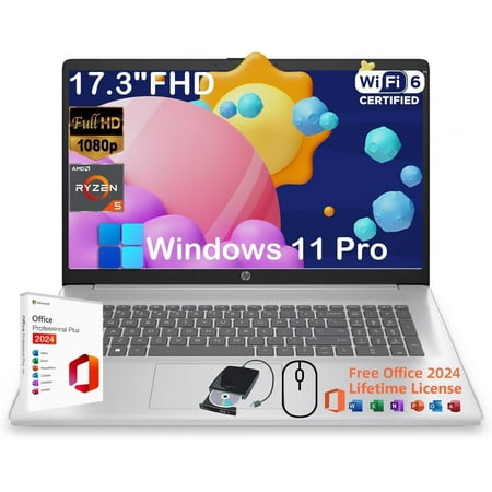 HP 17.3" Laptop for Business and Students - with Microsoft Office 2024, AMD Ryzen 5 7430U (6-core), Anti-Glare, Camera, Wi-Fi6, Win 11 Pro (32GB RAM | 1TB SSD)