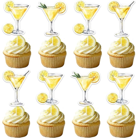 36pcs Lemon Drop Martini Cupcake Topper Cocktail Party Theme Cake Decoration Yellow Martini Birthday Party Decorations for Women Wedding Bridal Shower