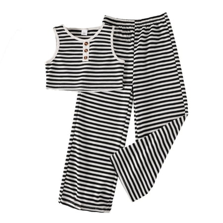 Gbsyewxs Girls Outfits Sets 2 Piece Sleeveless Crew Neck Striped Print Tops And Shorts Set Button Soft Summer Toddler Outfits Black Size 8-9 Years