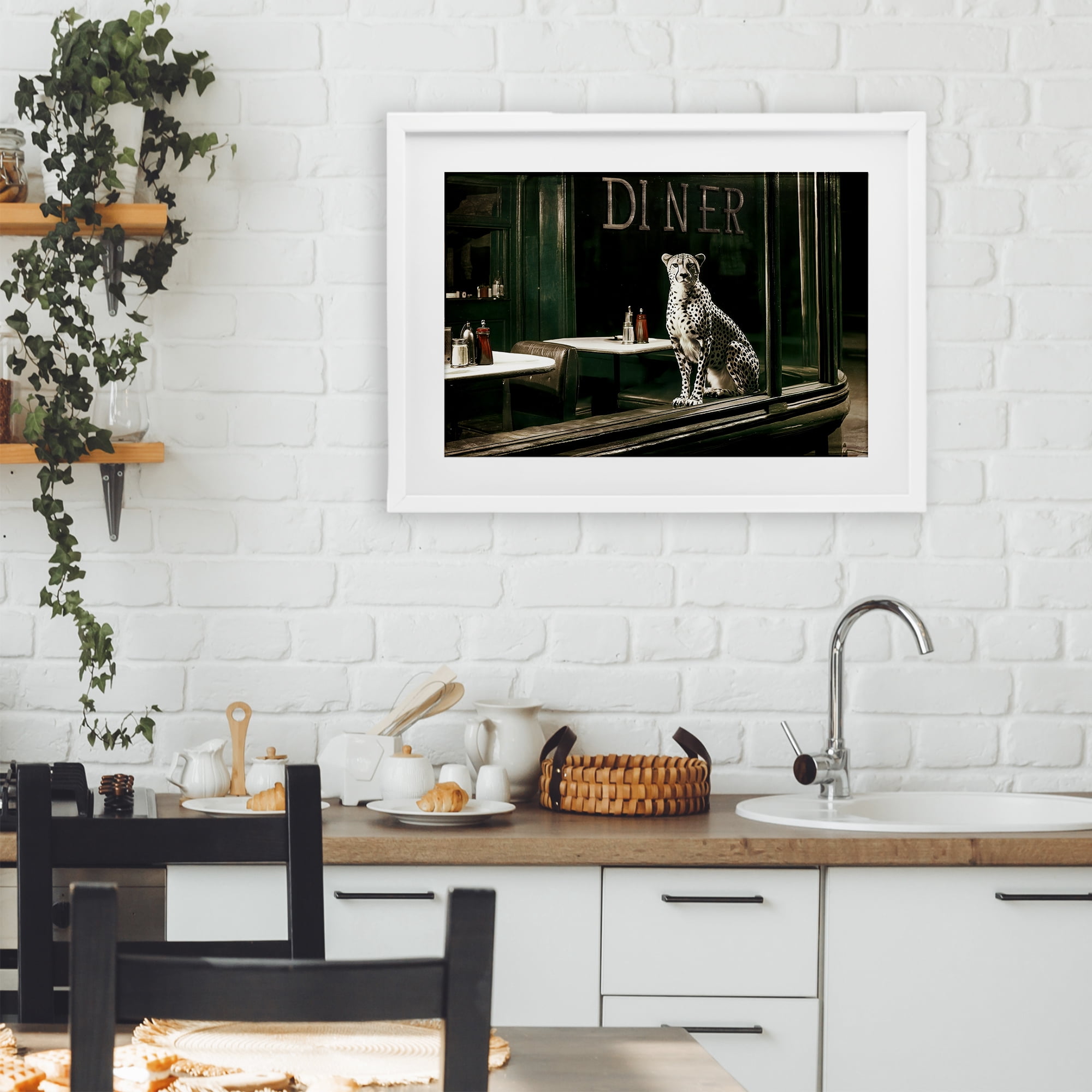 Stupell Industries Diner Sentry Leopard White Framed Print Under Glass, design by Annabelle Hall