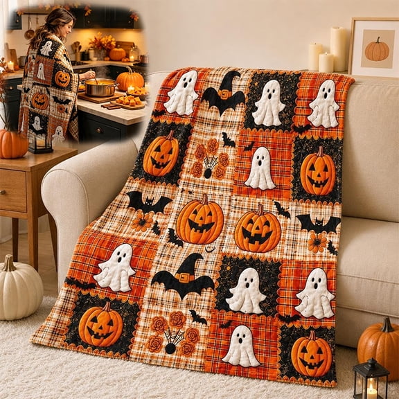 Halloween Pumpkin Ghost Bat Print Flannel Blanket, Patchwork Plaid Design, Soft Microfiber, Lightweight Warm, Halloween Decor Blanket for Sofa Couch Bed