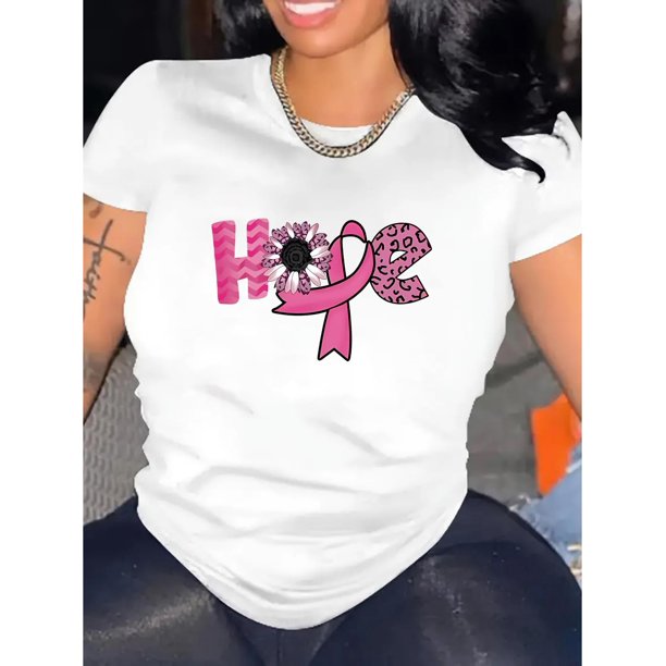 Breast Cancer Awareness Hope & Leopard Print Floral Graphic Tee - Women's Casual Crew Neck Short Sleeve T-Shirt, Comfortable Summer Top