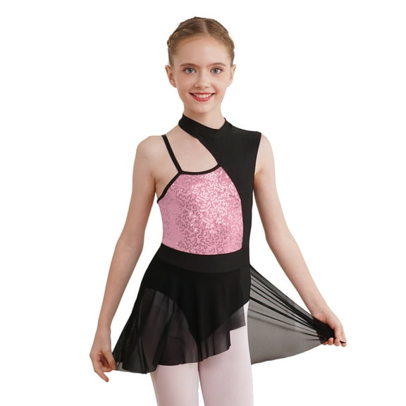 renvena Kids Girls Sleeveless Halter Neck Sequins Splice Leotard Dress Ballet Lyrical Dance 4-14 Pink 10