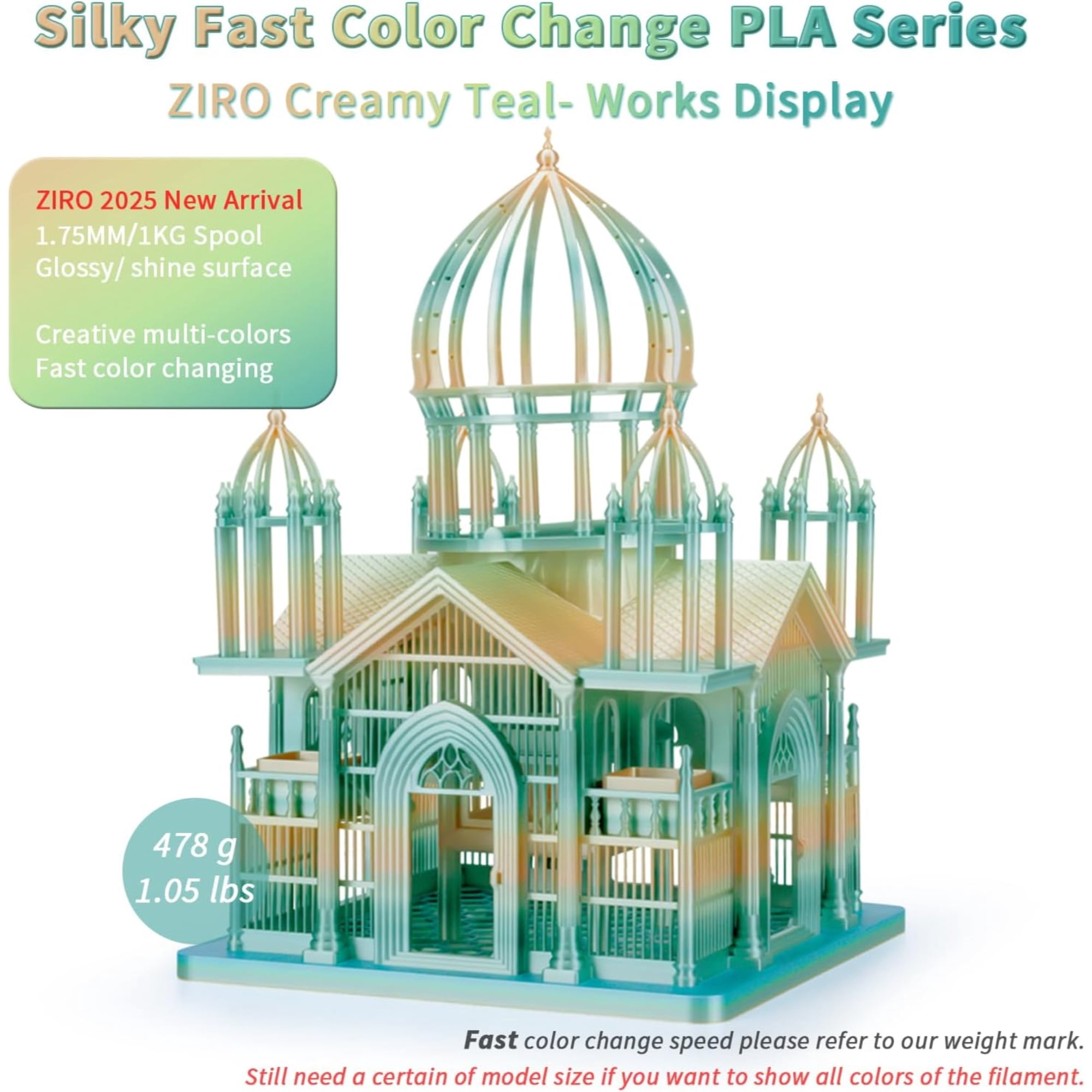 Ziro 3D Gradient Silk PLA Filament 1.75mm 1kg, Creamy teal