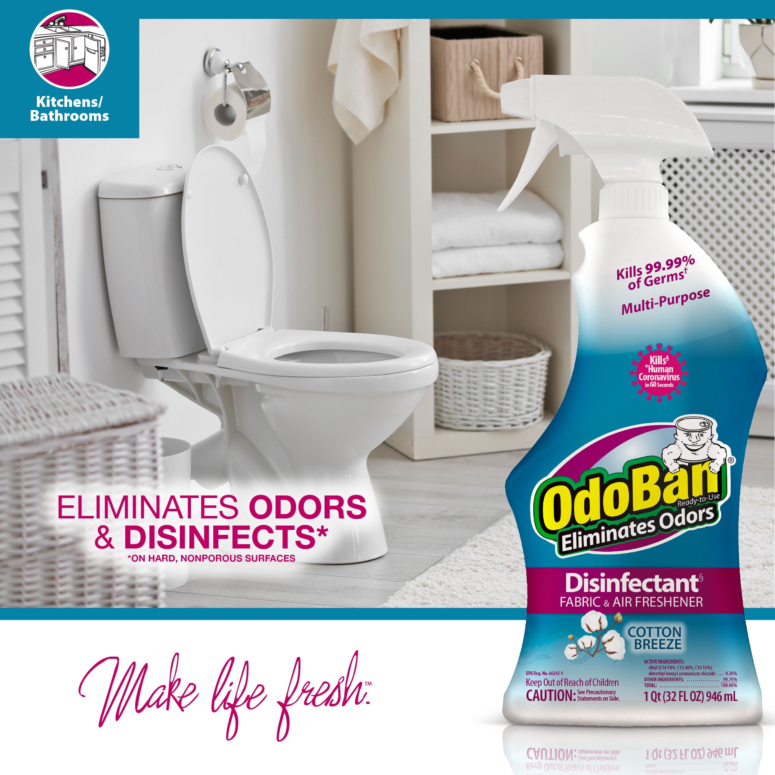 OdoBan Ready-to-Use Disinfectant and Odor Eliminator, 32 fl oz Spray Bottle, Set of 2, Cotton Breeze Scent