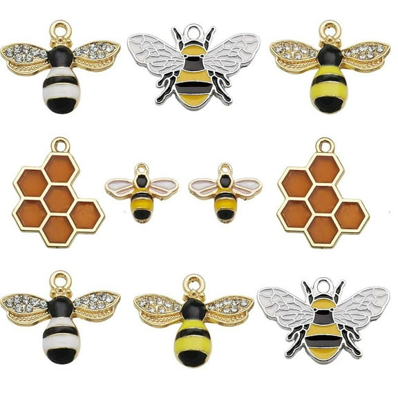 10pcs Honeycomb Bee Charms Enamel Rhinestone Alloy Honeybee Charms Pendants for DIY Necklace Earrings Bracelet Jewelry Making Accessories