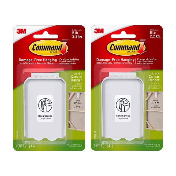 Command Jumbo Canvas Picture Hangers Indoor Plastic White, 1 Hanger 4 Strips, 2 Pack
