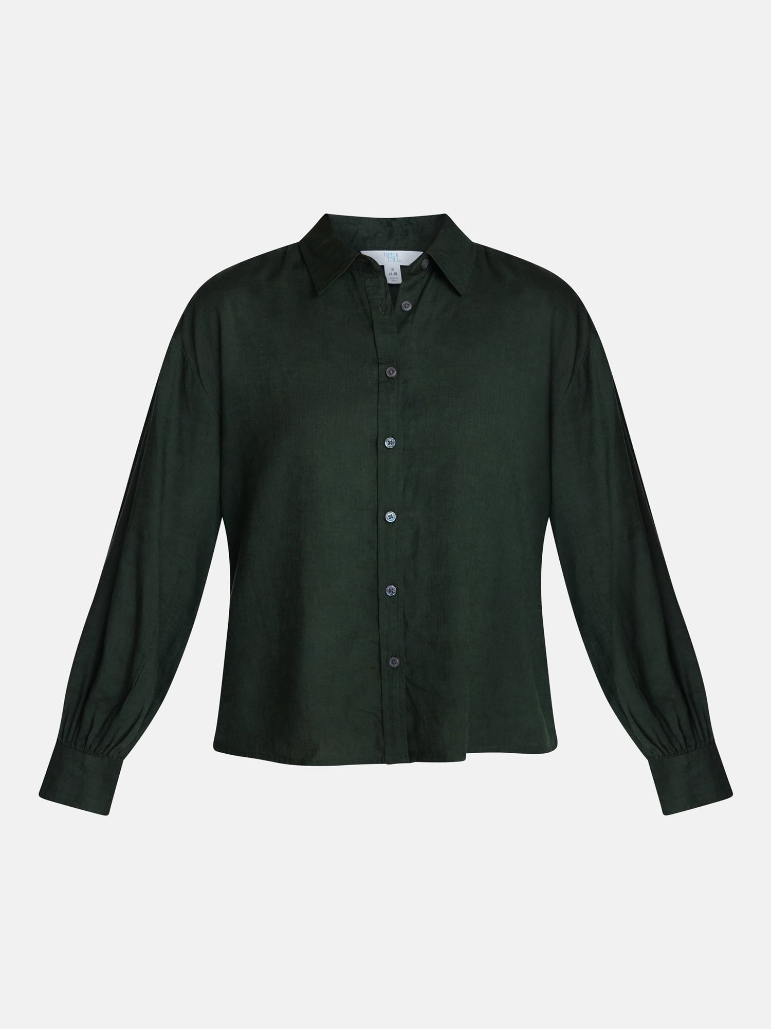 Time and Tru Women's Linen Blend Button Front Cropped Top with Long Sleeves, Sizes XS-XXXL
