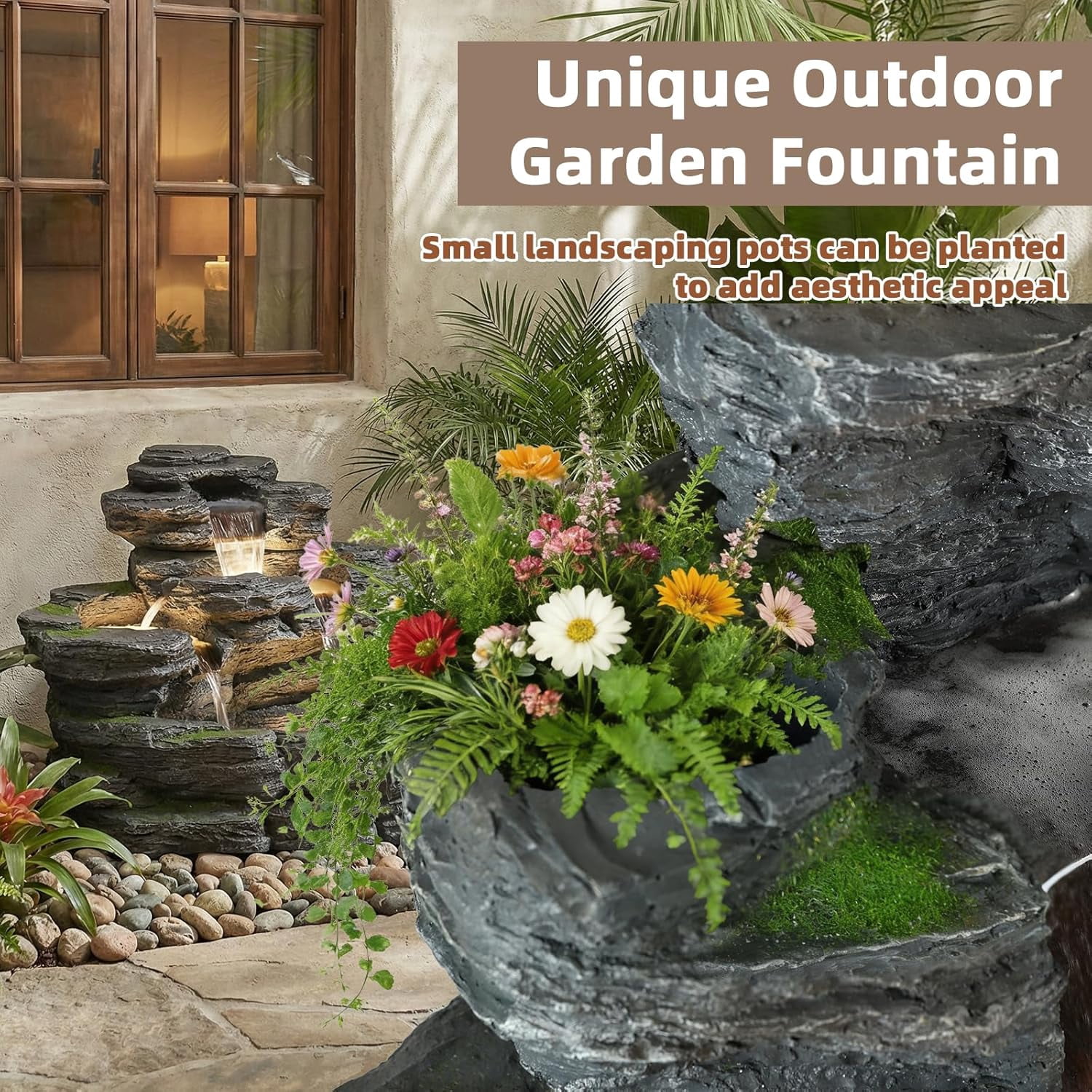 EPICOZY 5-Tier Rock Outdoor Water Fountain, 29.7" L Realistic Moss Decor & Cascading Waterfall Fountain with LED Lights, Resin Garden Water Feature for Patio, Yard & Porch, Home Art Décor
