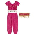 thumbnail image 4 of TiaoBug Kids Girls Floral Print Indian Belly Dance Outfits Shiny Crop Top with Bloomers Carnival Set Hot Pink 3Pcs/Set 3-5, 4 of 7