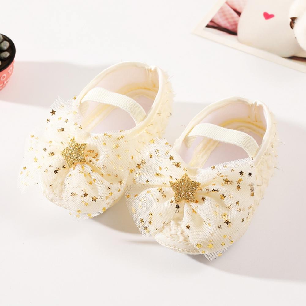 Baby Girls Mary Jane Shoes with Bowknot Headband,Toddler Soft Sole Princess Shoes Yarn Bowknot Crib Shoes First Walker Infant Cute Girls Wedding Dress Shoes Flower Girl Flats Twinkle Star,Beige 0-18M - image 5 of 7