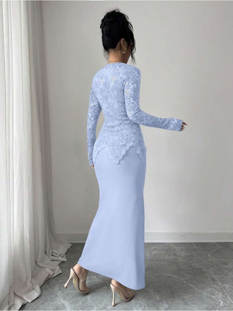 blue dress lace overlay Button-Front Fitted Midi With Long Sleeves And Square Neck Size:8 REG LINESleeve Length(cm) Summer Archive Alice Mccall Only Everything