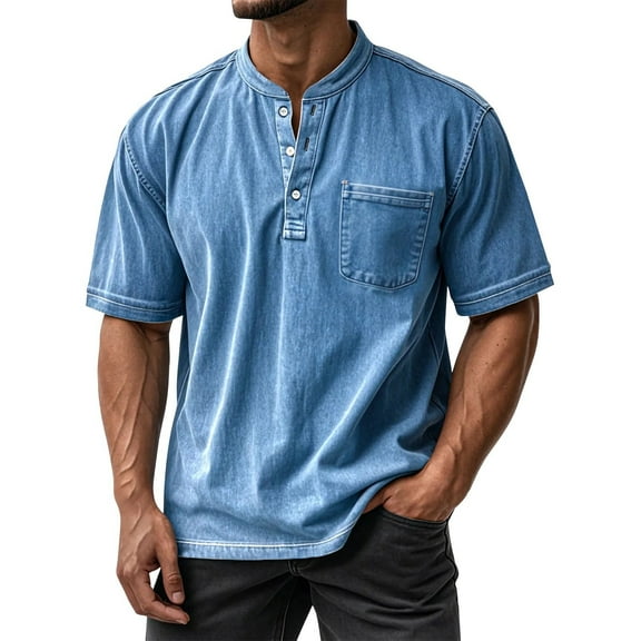 Qwertyu Mokaloha Mens Shirts, Vintage Summer Casual Henley Short Sleeve T-Shirts with Pocket Blue M