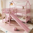 thumbnail image 2 of URTR Twin Over Twin House-shaped Bunk bed with Slide, Storage Stairs and Guardrail, Wooden Twin Size Playhouse Bunk Bedframe for Bedroom, Two Placement Methods, Noise-free Design, Pink, 2 of 9