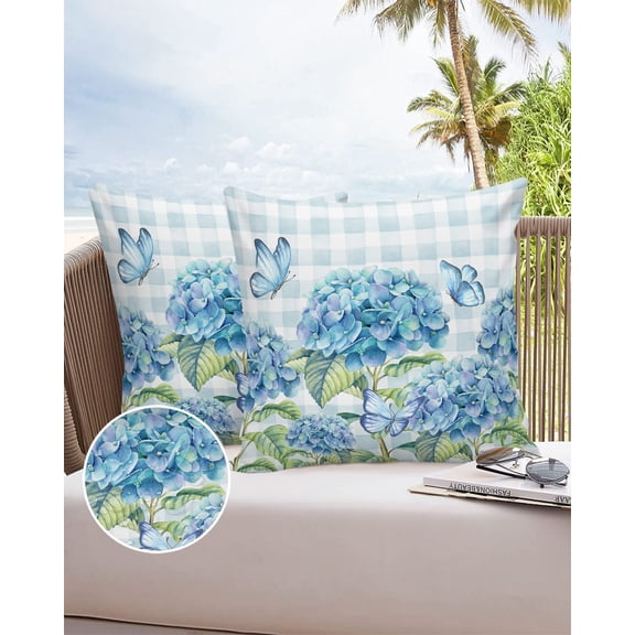 Outdoor Throw Pillow Cover Garden Watercolor Hydrangea Floral Waterproof Cushion Covers 2 Pack Butterfly on Blue Lattice Grid Pillow Cases Home Decoration for Patio Garden Couch Sofa