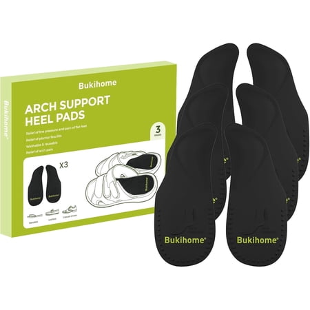 Bukihome Arch Support Shoe Insoles for Flat Feet – 3 Pairs Gel Arch Inserts for Plantar Fasciitis Relief, Adhesive Arch Pads to Relieve Pressure & Foot Pain (L, Black)