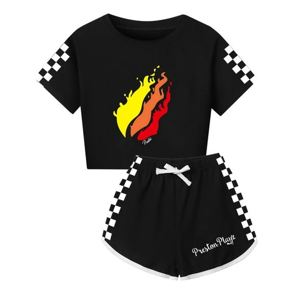 PrestonPlayz Girls Flame Crop Top and Shorts Set – 2 Piece Game Outfit with Checkerboard Trim Summer Activewear for Kids and Teens