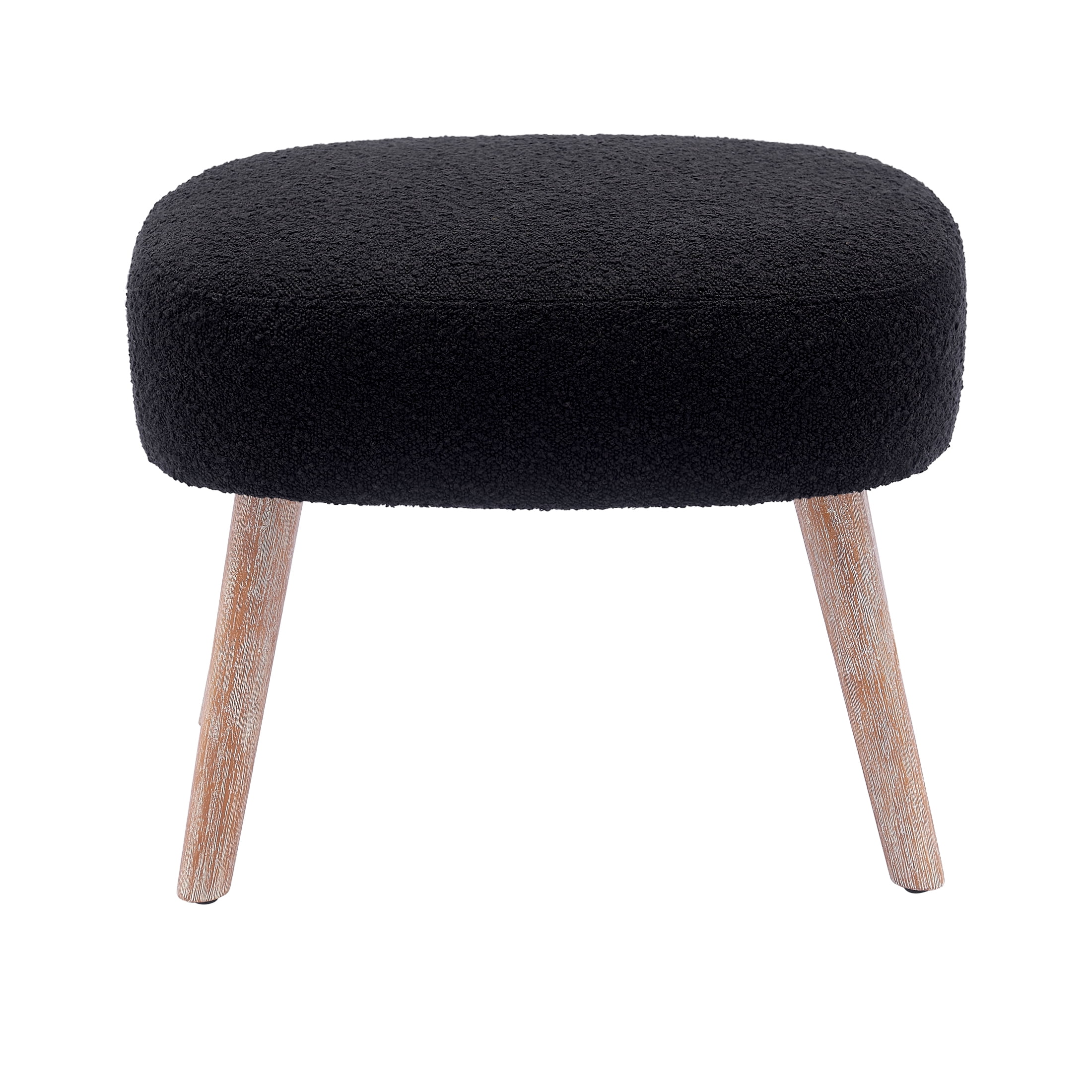 Mid-Century Modern 16.5" Tall Water and Stain Resistant Boucle Fabric Upholstered Ottoman with Wooden Legs, Black