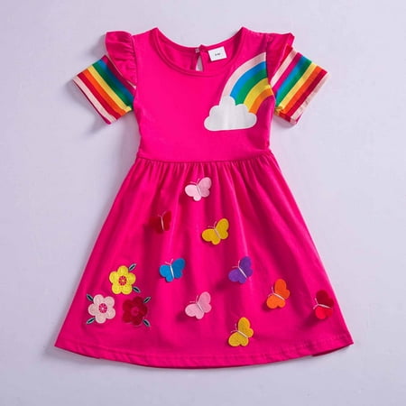 

WHLBF Summer Girls Dress Pure Cotton Rainbow Fabric Flower Embroidered Dress Hot Pink 7-8 Years(7-8 Years)
